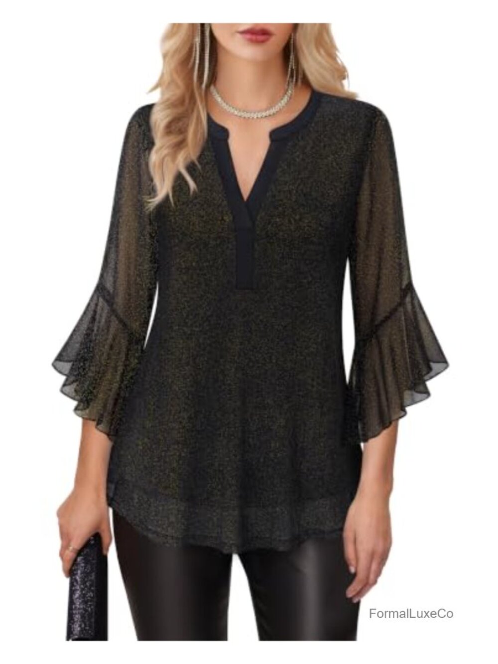 Women's 3/4 Sleeve V-Neck Ruffle Blouse Dressy Elegant Work Top